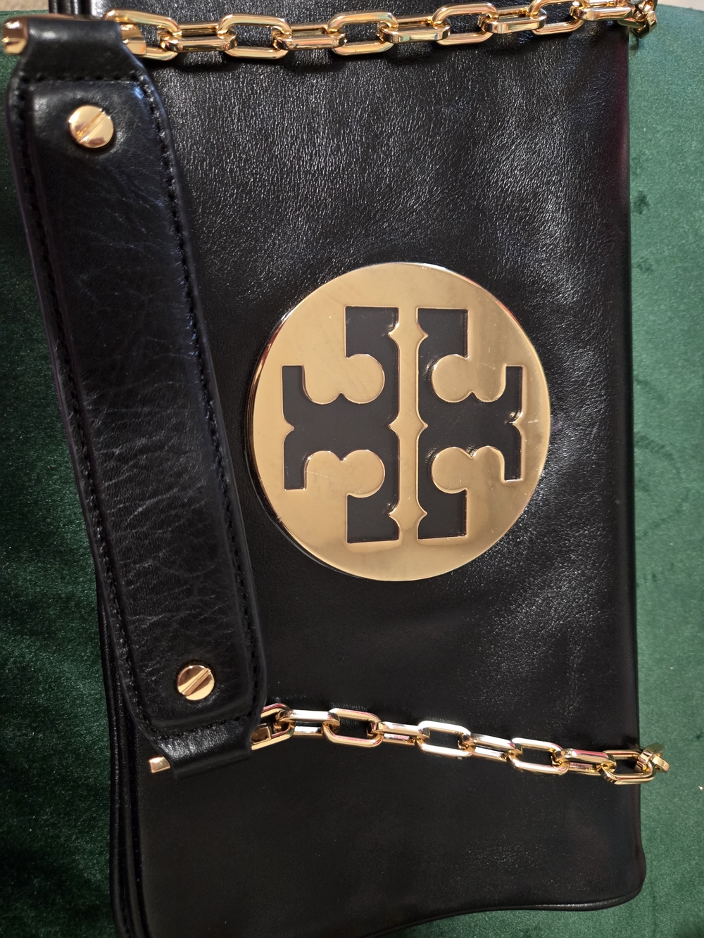 Tory Burch Black Leather Belt Bag with Gold Logo Medallion